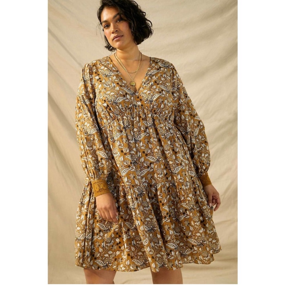 Anthropologie Mustard Floral Tiered Long-Sleeve Dress